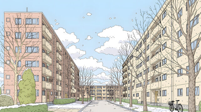 A Cozy Urban Winter Scene Showcasing Residential Architecture, Featuring Charming Buildings, Leafless Trees, and a Lively Bicycle on the Street Under a Bright Sky