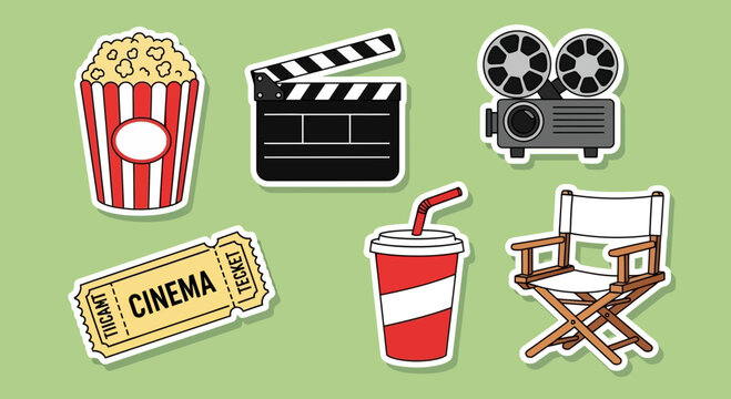 Illustrative set of classic cinema items, including popcorn, clapboard, and film projector, perfect for movie night entertainment themes