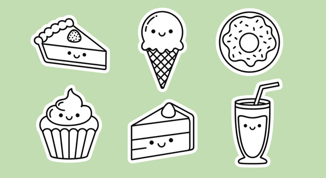 Cute black outline dessert icons set featuring smiling pie, ice cream, donut, cupcake, cake, and milkshake for sweet and playful graphic designs