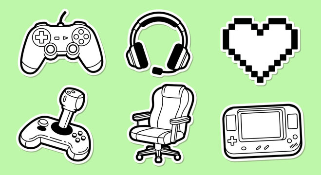Sticker sheet of gaming essentials controllers, headsets, and a pixel heart. Black and white outline art, perfect for player designs