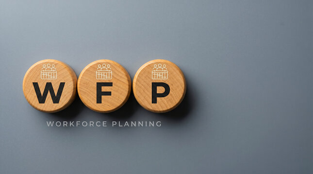 Three warm wood discs spelling WFP with a people-and-calendar grid icon above on a professional steel-grey background for workforce planning.