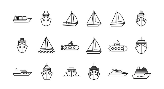 Maritime vessel line icons set including sailboats and cargo ships