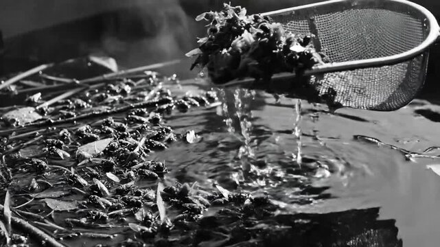 Black and white video of a pond using a mesh net to scoop up insects from the surface