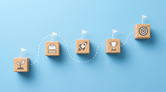 Five wooden cubes on a winding roadmap path with Q1 to Q4 milestone icons on a clean sky-blue background for product roadmap planning concepts.