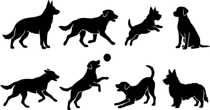A collection of black silhouette dog breeds in various playful poses
