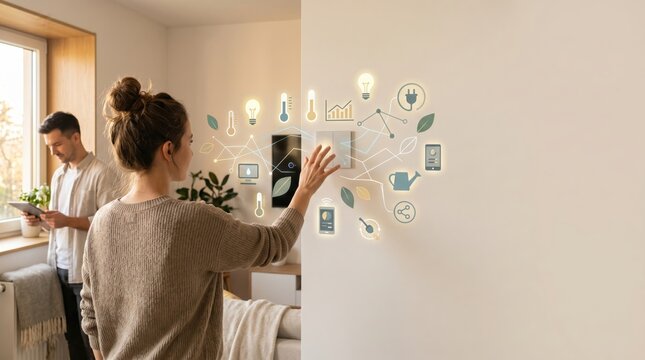 Smart home concept woman touching wall controller with hologram interface smart house control system modern family lifestyle green technology icons