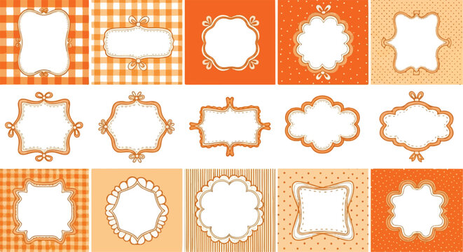lank ornamental label shapes set against various orange backgrounds, including gingham, stripes, and polka dots. Perfect for rustic bakery packaging,