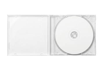Open clear CD jewel case with blank white disc isolated. Media packaging mockup. © PNG Lab