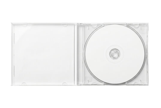 Open clear CD jewel case with blank white disc isolated. Media packaging mockup.