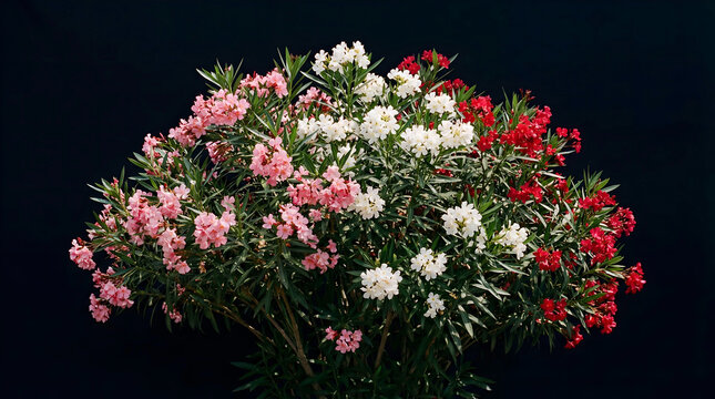 Oleander bush with pink white and red flowers on black background