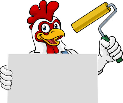 A chicken or rooster painter decorator handyman cartoon construction man mascot character holding a paint roller tool