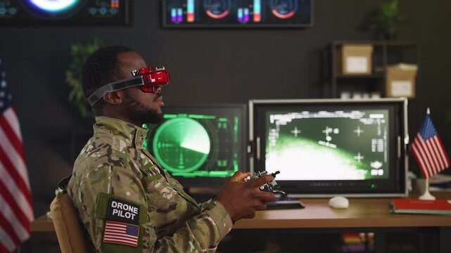 U.S. drone pilot practicing surveillance mission simulation, flying FPV drone