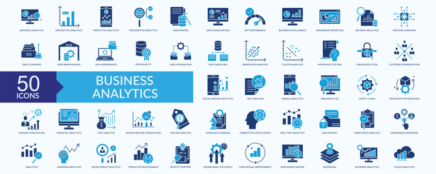 Business analytics Icon Collection Set Flat Blue Style with business analytics,  descriptive analytics, predictive analytics, prescriptive analytics
