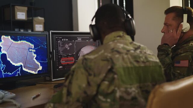 U.S. military officers reviewing missile launch plans during operation briefing