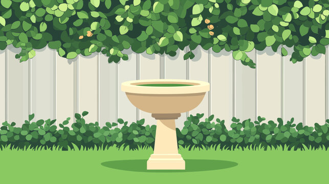 Pixelated artwork of a bird bath in a garden. A white fence is in the background. Green foliage