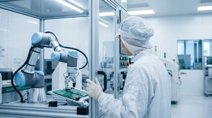 Naklejka premium Factory technician operating automated robotic arm in cleanroom precision electronic circuit board manufacturing industry high technology assembly line production equipment