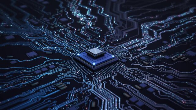 Glowing Microchip Circuit Board Data Flow Animation, circuit board pulsing data traces highlights. technology explainers, AI cybersecurity intros, product launches, futuristic background visuals.
