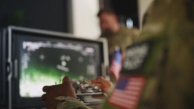 American service member using drone simulator during tactical training session