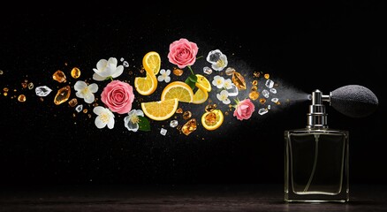 Obraz premium TITTLE: Luxury perfume bottle spraying a burst of sparkling mist, rose petals, jasmine flowers, orange slices, and amber stones. Cosmetic aroma scent concept.