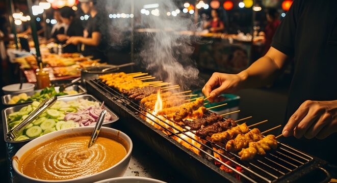 A street food vendor grilling skewers of satay over hot charcoal at a night market, with smoke rising and warm ambient lighting creating an authentic culinary atmosphere.