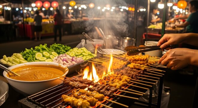 Close-up of satay skewers being grilled over an open flame at a lively night market, served with rich peanut sauce and fresh vegetables in the background.