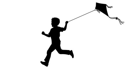 Naklejka premium Black silhouette of a boy running with a kite, isolated on transparent background