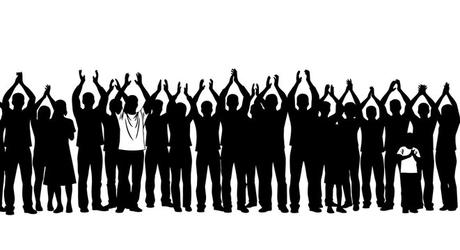 Crowd of people with raised hands, isolated on transparent background