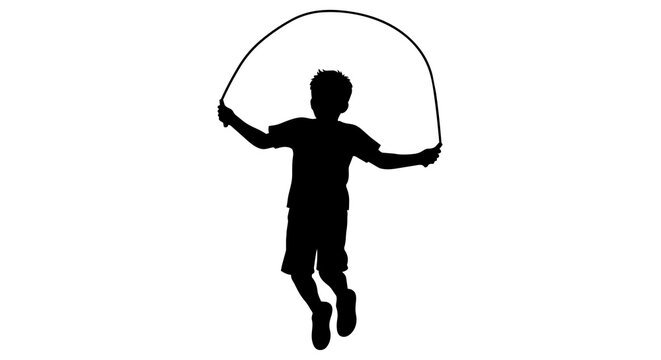 Boy silhouette jumping rope active childhood fun, isolated on transparent background