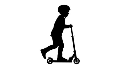 Child silhouette wearing helmet riding a scooter, isolated on transparent background © Hughes