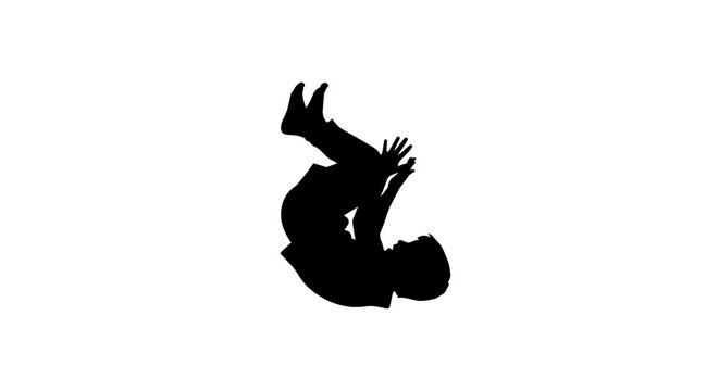 Black silhouette of a person performing a backflip, isolated on transparent background