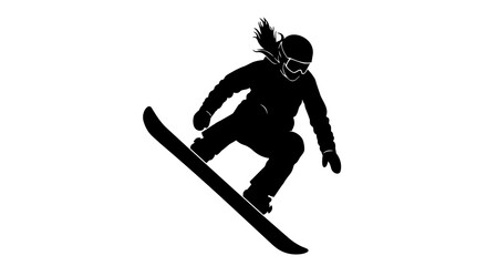 Fototapeta premium Black silhouette of a female snowboarder mid-air, isolated on transparent background