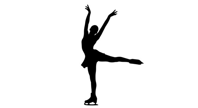 Black silhouette of female figure skater performing arabesque, isolated on transparent background