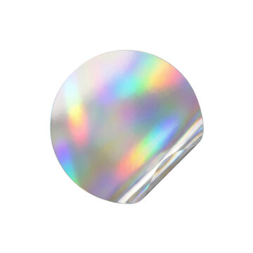 Round holographic sticker top view isolated. Y2K aesthetic decal.