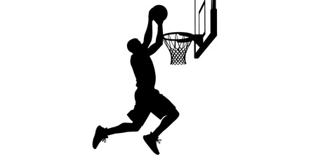 Black silhouette of a basketball player dunking a ball into a hoop, isolated on transparent background © Hughes