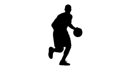 Black silhouette of a male basketball player dribbling a ball, isolated on transparent background © Hughes