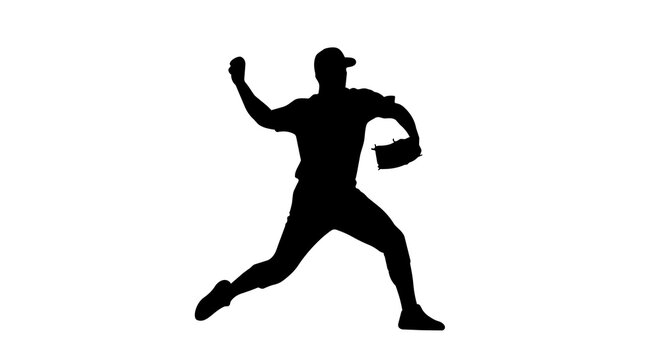 Black silhouette of baseball pitcher throwing a ball, isolated on transparent background