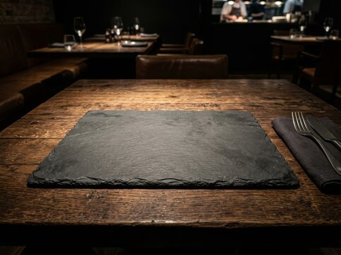 mockup Antique wooden table with blank slate stone tablet in warm candlelight ambiance