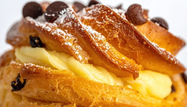 Delicious Cream Puff Pastry Topped with Chocolate and Powdered Sugar.