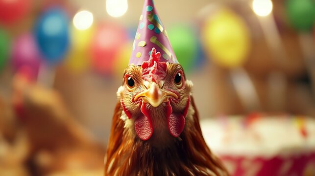 Close-up of a Chicken with a Party Hat / パーティーハットを被った鶏のクローズアップ