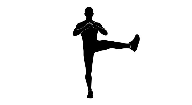 Muscular man silhouette performing leg swing exercise, isolated on transparent background
