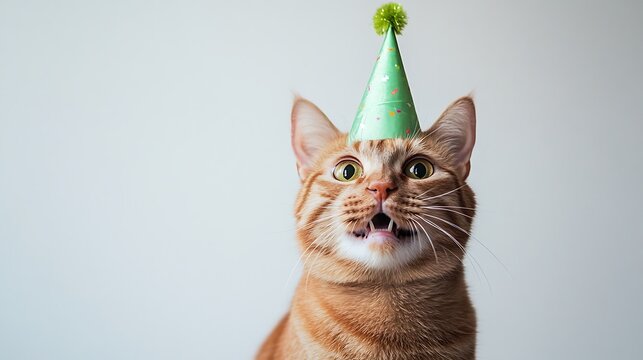 Surprised Ginger Cat with Birthday Hat / 誕生日帽子を被って驚く茶トラ猫