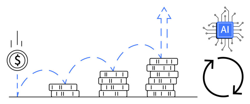 Financial technology, AI innovation, investment strategies, machine learning, economic development, profit optimization. Stacks of coins growing with arrows and an AI chip. Financial technology