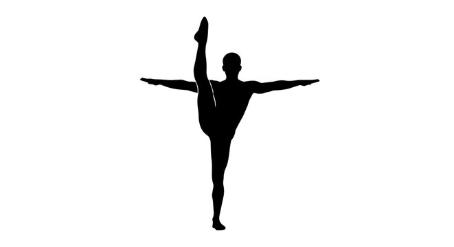 Black silhouette of a male dancer performing a high leg split, isolated on transparent background