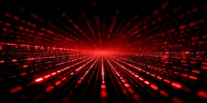 Red digital tunnel with glowing binary code streams recedes into darkness.