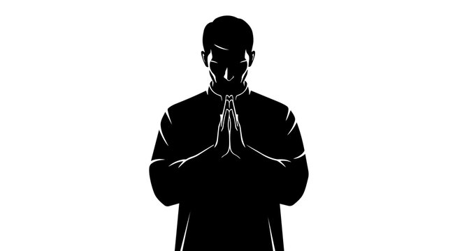Man in silhouette with hands pressed together in prayer, isolated on transparent background