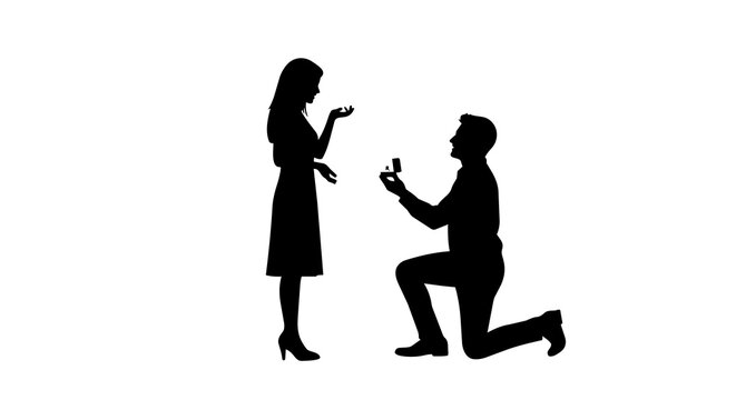 Man proposing marriage with ring box to woman, isolated on transparent background