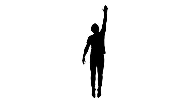 Black silhouette of a person jumping with one arm raised, isolated on transparent background