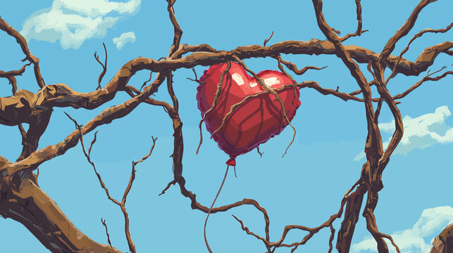 Pixelated illustration of a heart-shaped balloon entangled in bare tree branches against a blue sky