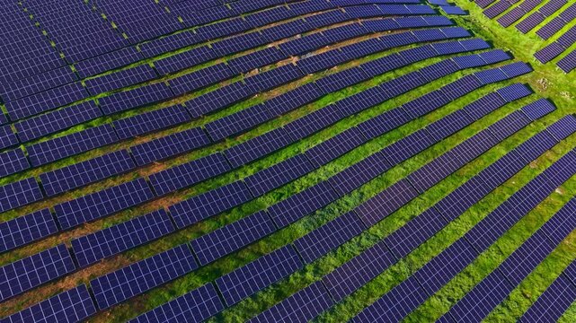 Large numbers of solar panels cover a field, arranged in neat rows over the grass. The sun shines down on the panels as they convert sunlight into energy.