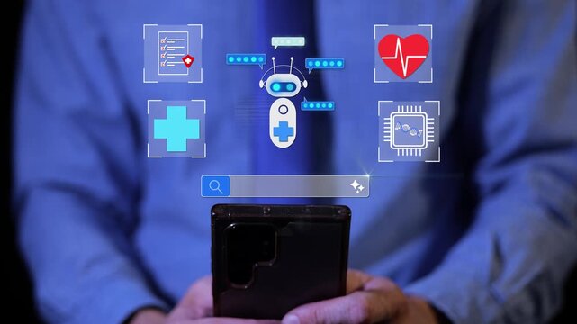 Patient using Healthcare AI Agent asking for help on his phone. Remote telehealth diagnostic